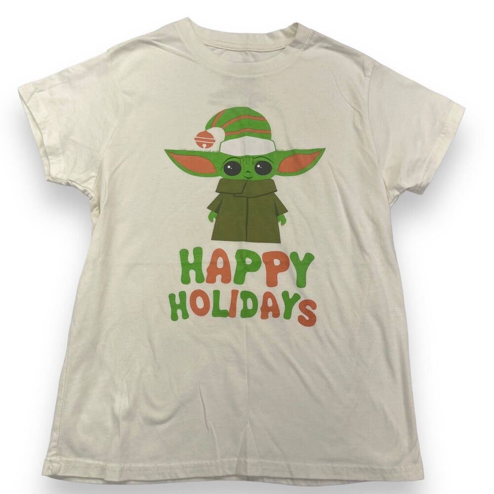 Star Wars Mandalorian Grogu Happy Holidays Cream T-shirt Women's XS